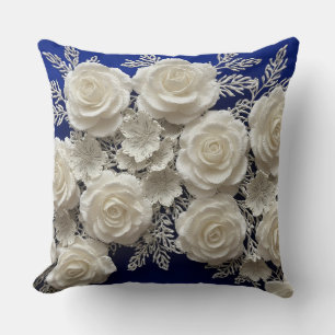 Elegant White Decorative Roses Throw Pillow
