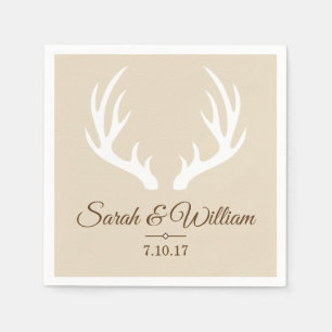 Elegant White Deer Antlers & Taupe Personalized Napkin