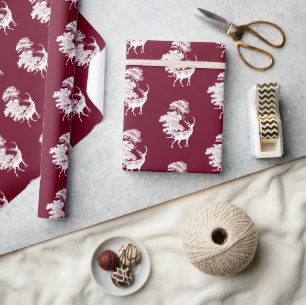 Elegant White Deer in Woodland on Burgundy Wrapping Paper