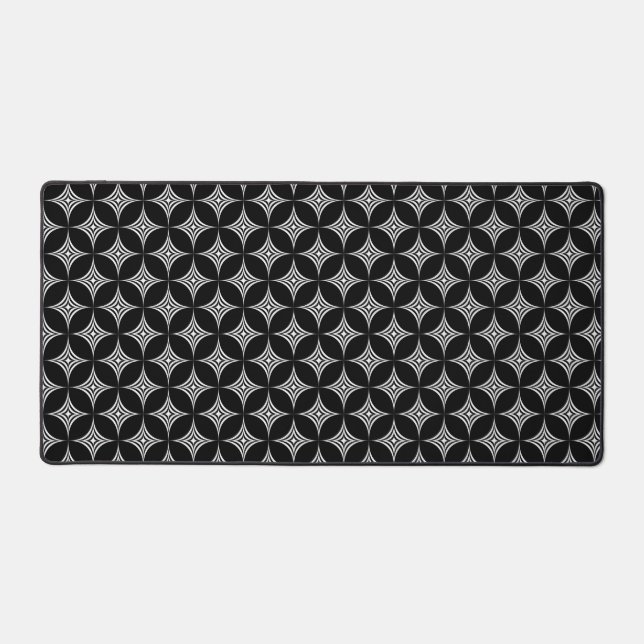 Elegant White Diamond Geometric Pattern on Black Desk Mat (Front)