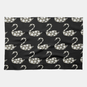 Elegant White Diamond Swan on Black Background Kitchen Towel