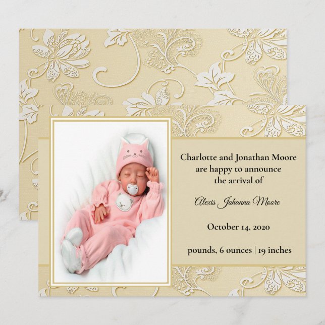 Elegant White Die Cut Floral Birth Announcement (Front/Back)