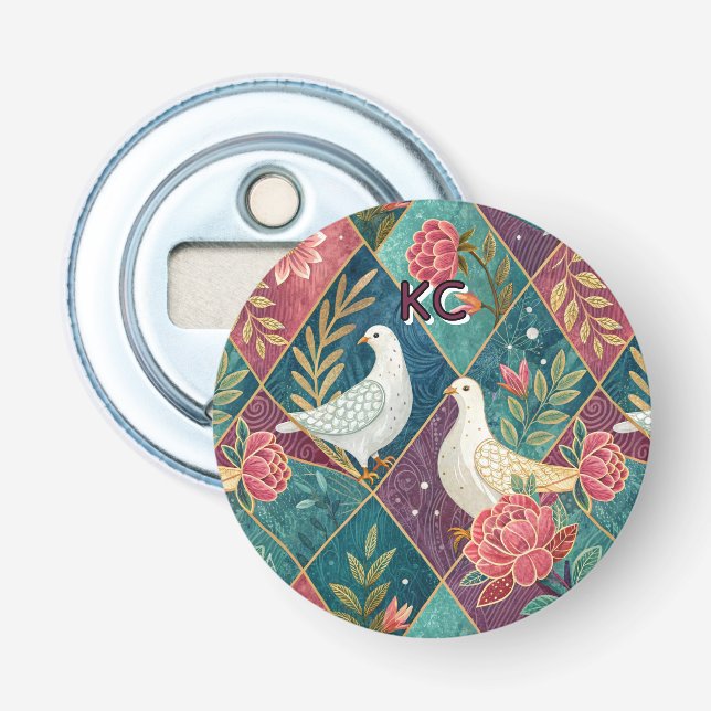 Elegant White Doves Pink Floral & Gold Geometric Bottle Opener (Front)