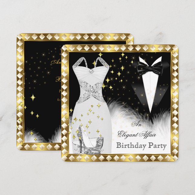 Elegant White Dress Black Tie Gold Birthday Party Invitation (Front/Back)