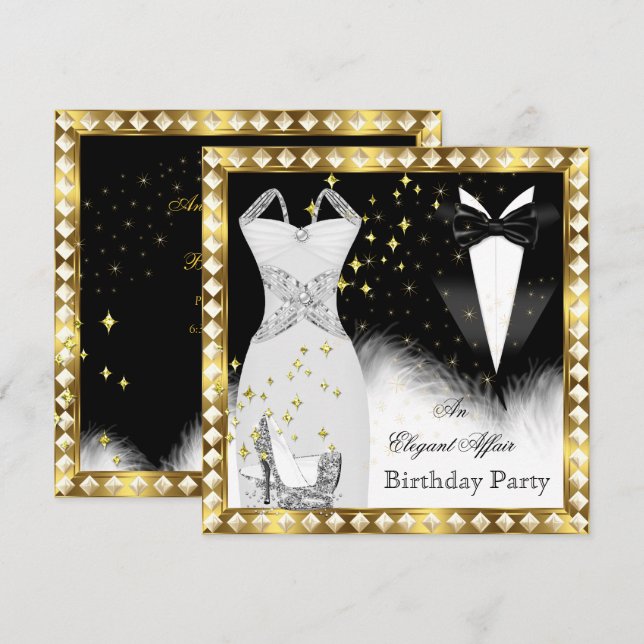 Elegant White Dress Black Tie Gold Birthday Party Invitation (Front/Back)