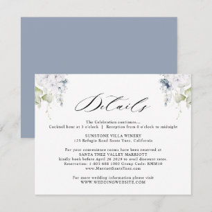 Elegant White, Dusty Blue Floral Wedding Details Enclosure Card