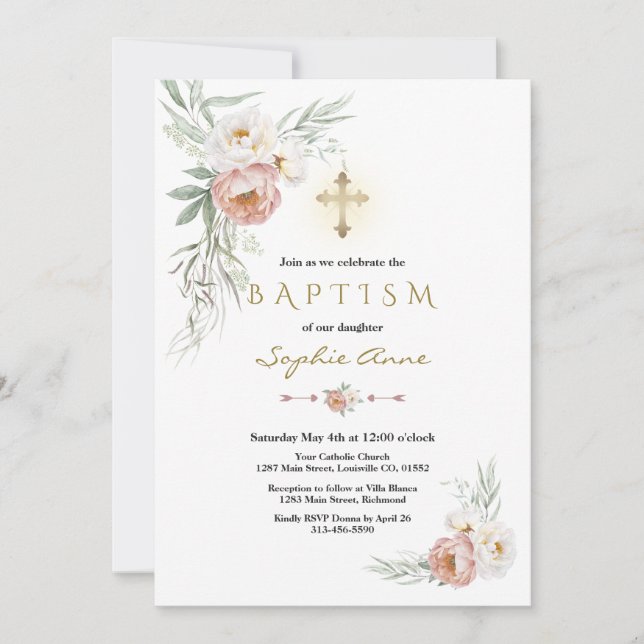 Elegant White Dusty Rose Flowers Cross Baptism Invitation (Front)