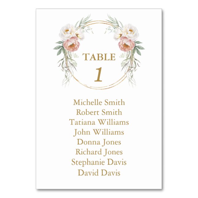 Elegant White Dusty Rose Flowers Seating Chart  Table Number (Front)