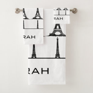 Elegant White Eiffel Tower Paris Monogram Bath Towel Set
