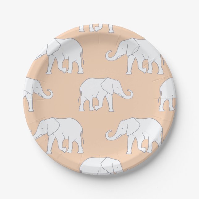 Elegant White Elephant Pattern on Soft Pastel Paper Plate (Front)