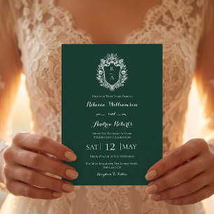 Elegant White Emerald Green Crest Monogram Wedding Invitation