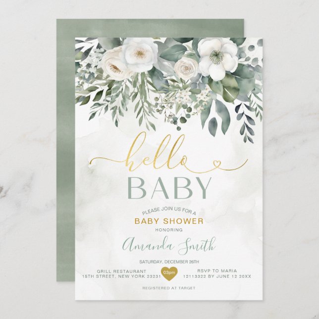 Elegant White Eucalyptus Floral Hello Baby Shower Invitation (Front/Back)