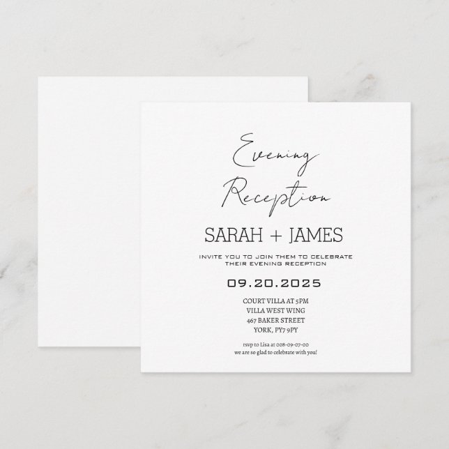 Elegant White Evening Reception Wedding Square Invitation (Front/Back)