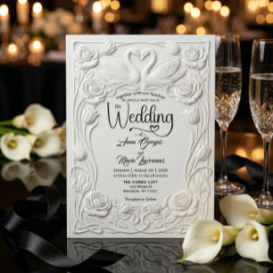 Elegant White Faux 3D Embossed Swans Floral  Invitation