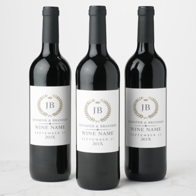 Elegant White Faux Glitter Laurel Wreath On White Wine Label (Bottles)