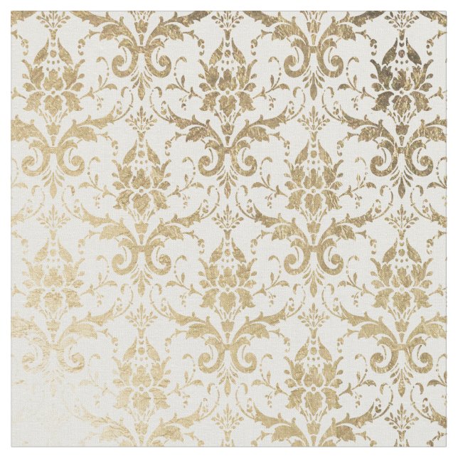 Elegant white faux gold antique floral damask fabric (Close Up)