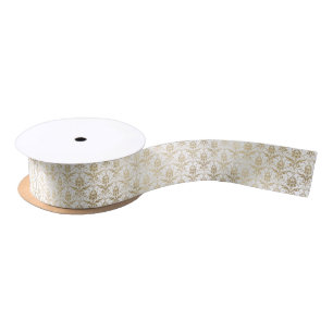 Elegant white faux gold antique floral damask satin ribbon
