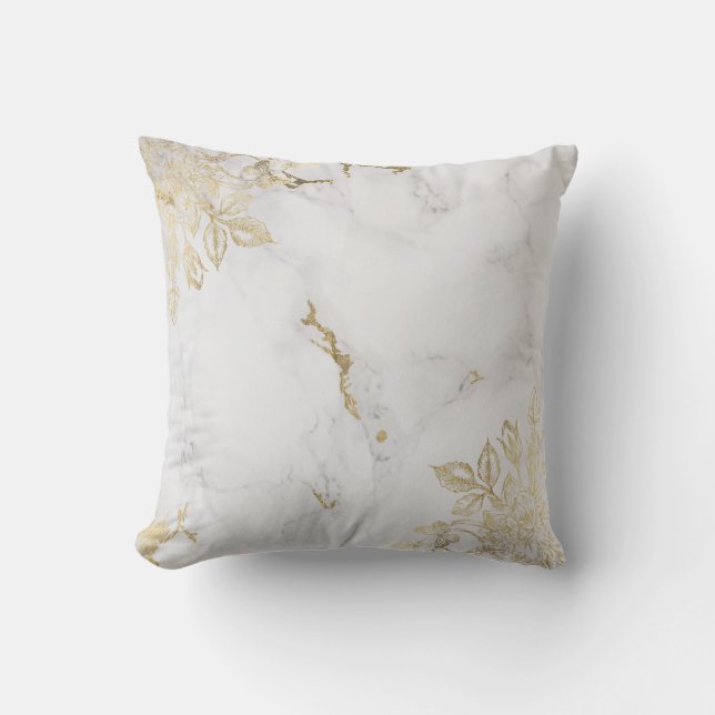 Elegant white faux gold chic marble luxury floral throw pillow (Front)