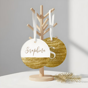 Elegant White & Faux Gold Leaf Monogram Christmas Ornament