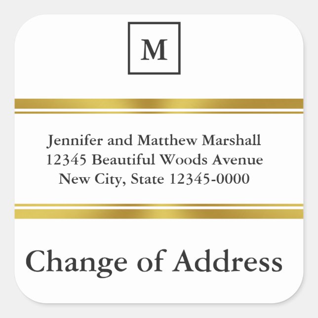Elegant White Faux Gold Monogram Change of Address Square Sticker (Front)