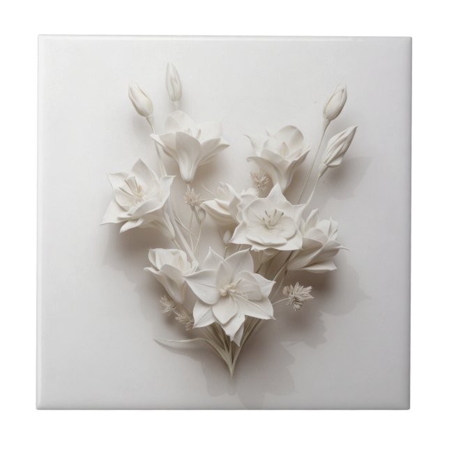 Elegant White Faux Relief Flowers Tile (Front)