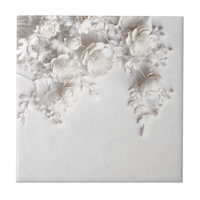 Elegant White Faux Relief Roses Tile (Front)