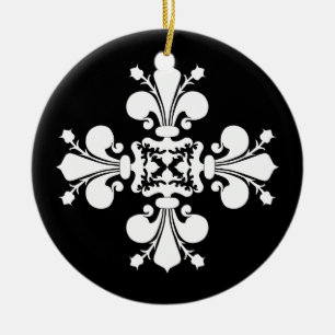 Elegant white fleur de lis damask motif ceramic ornament