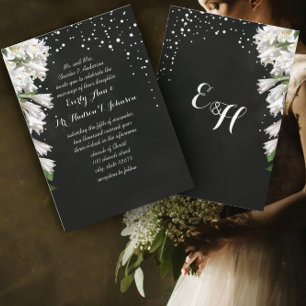Elegant White Flora on Black Wedding Invitation