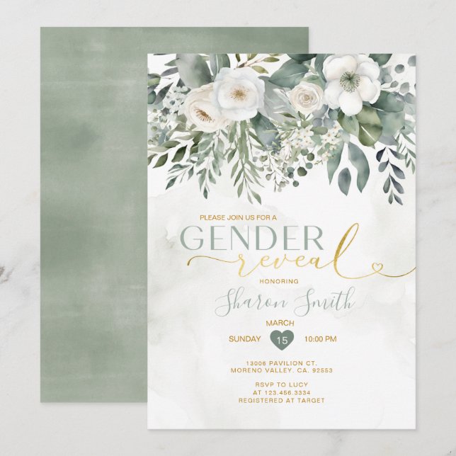 Elegant White Floral And Eucalyptus Gender Reveal Invitation (Front/Back)