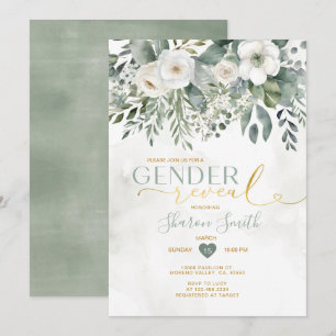 Elegant White Floral And Eucalyptus Gender Reveal Invitation