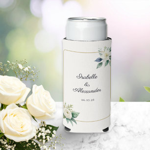 Elegant White Floral and Gold Frame Wedding Seltzer Can Cooler