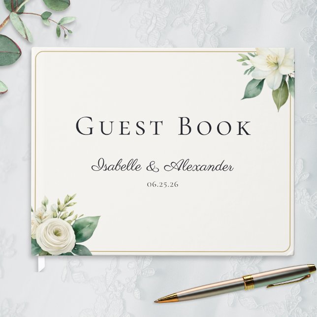 Elegant White Floral and Greenery Custom Wedding Guest Book (An elegant wedding guest book with custom names and date, with white floral motifs and greenery)