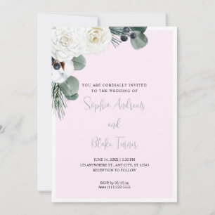 Elegant White Floral and Greenery Pink Wedding Invitation