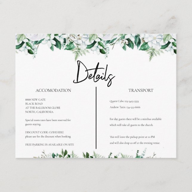 Elegant White Floral and Greenery Wedding Enclosure Card (Front)