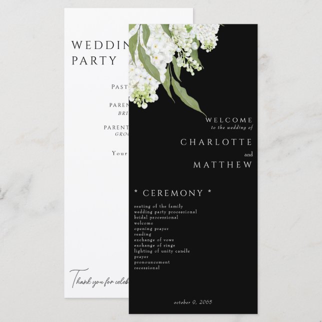 Elegant White Floral B/W Wedding Program (Front/Back)