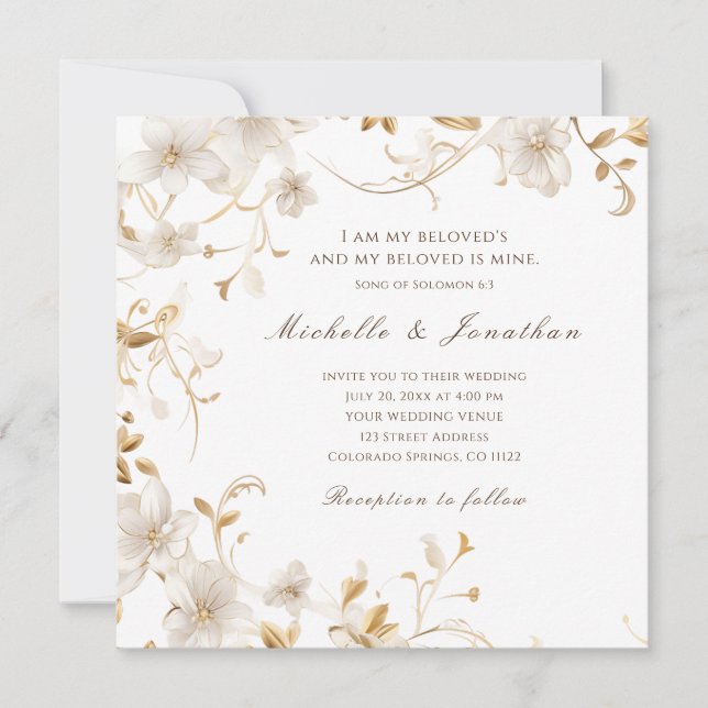 Elegant White Floral Bible Verse Christian Wedding Invitation (Front)
