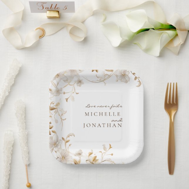 Elegant White Floral Bible Verse Modern Wedding Paper Plate (Wedding)