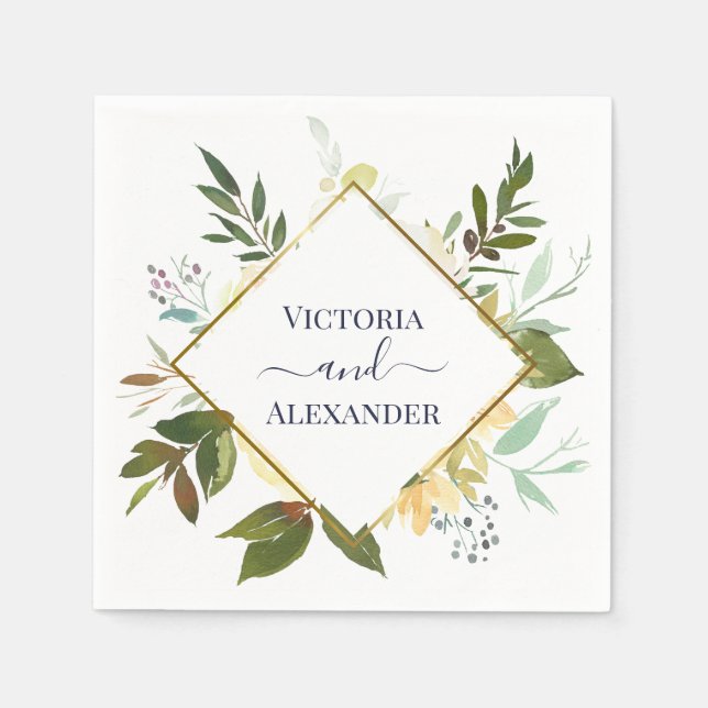 Elegant White Floral Blue Gold Foil Frame Wedding Napkin (Front)