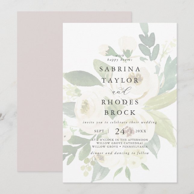 Elegant White Floral | Blush Mauve Faded Wedding Invitation (Front/Back)