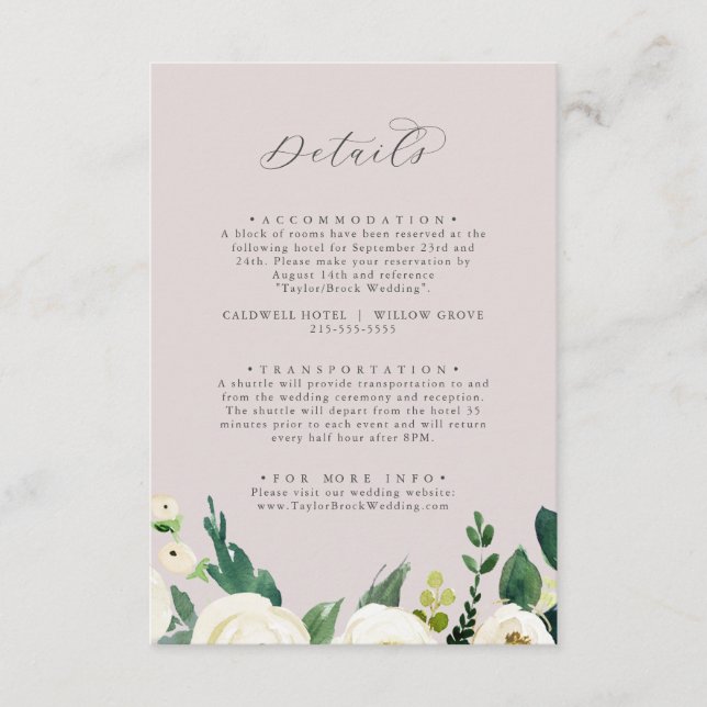 Elegant White Floral | Blush Mauve Wedding Details Enclosure Card (Front)