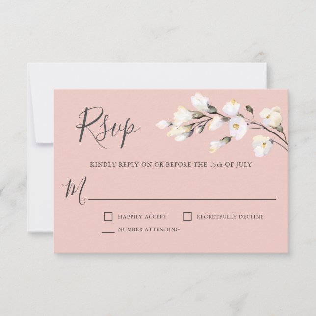 Elegant White Floral Blush Pink Wedding RSVP (Front)