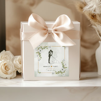 Elegant White Floral Bride and Groom Wedding Square Sticker
