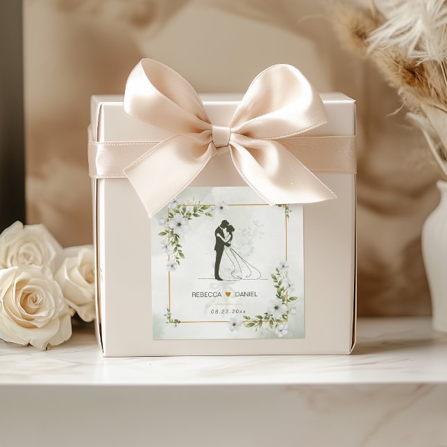 Elegant White Floral Bride and Groom Wedding Square Sticker (Creator Uploaded)