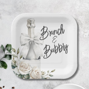 Elegant White Floral Brunch and Bubbly Stickers Paper Plate