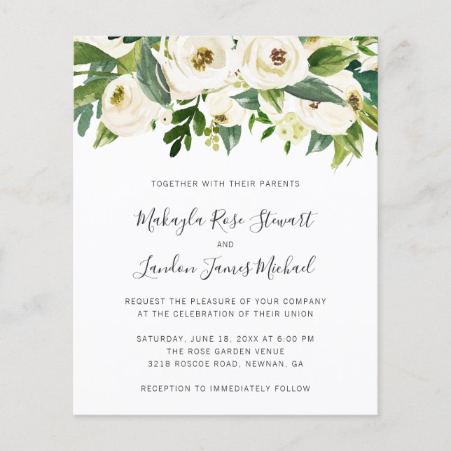 Elegant White Floral Budget Wedding Invitation Flyer (Front)