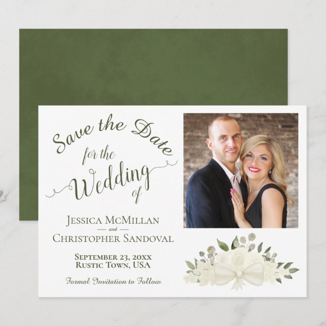 Elegant White Floral Calligraphy & Photo Wedding Save The Date (Front/Back)
