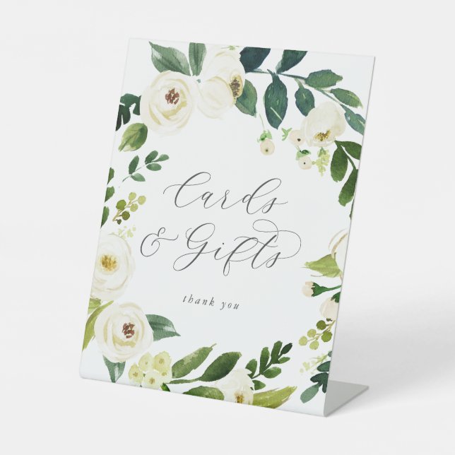 Elegant White Floral Cards and Gifts Pedestal Sign (Front)
