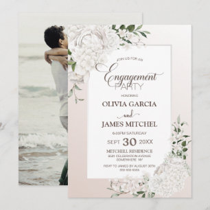 Elegant White Floral Custom Photo Engagement Party Invitation