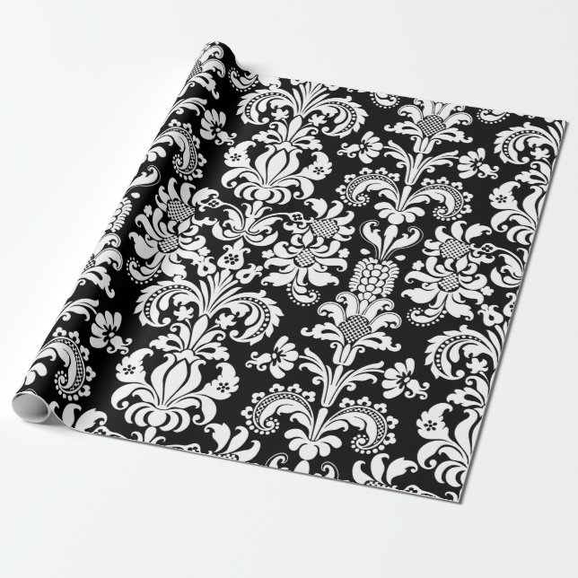 Elegant White Floral Damasks Black Background Wrapping Paper (Unrolled)