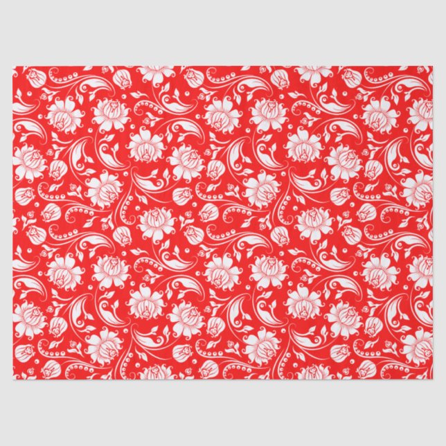 Elegant White Floral Damasks Over Red Background Tissue Paper (Front)
